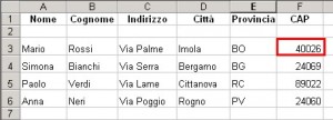 Tabella Excel dove è evidenziato in un riquadro rosso il campo CAP di Mario Rossi