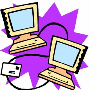 Due computer collegati da un filo sul quale corre una busta con francobollo. Lo sfondo è una stella viola.
