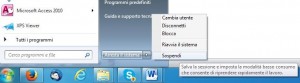 Finestra di Start di Windows 7 dove accanto al pulsante 'Arresta sistema' appare la tendina con 'Sospendi' e altri comandi