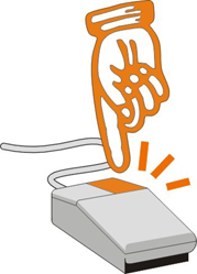 Disegno di una mano arancione che indica il tesato destro di un mouse