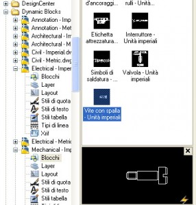 schermata con icone e figura di un blocco CAD