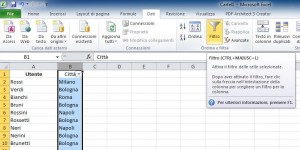 Schermata di Excel con attivata la funzione filtro