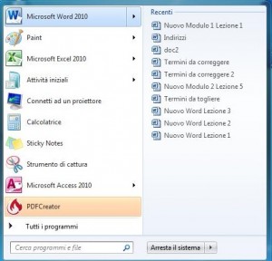Schermata di Windows 2007 con visualizzati gli oggetti recenti