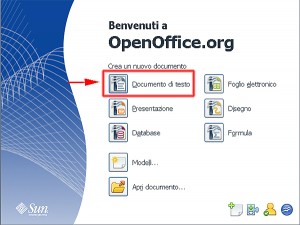 Schermata principale di OpenOffice con evidenziata l'icona del programma 'Documento di testo'