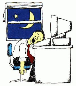 Disegno di persona che dorme sulla tastiera del computer, mentre dalla finestra si vedono la luna e le stelle